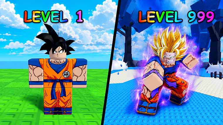 The same orange-clad unit shown at Level 1 on grass and Level 999 powered up